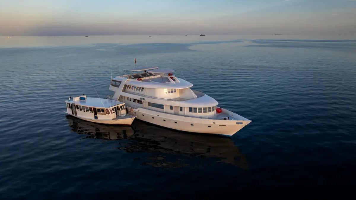 Aerial view of AMBA cruising in the Maldives