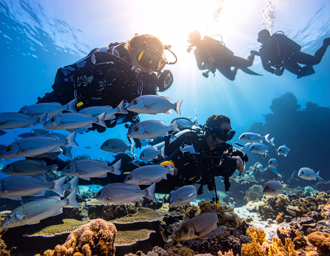 Divers among reef fish in the Maldives; illustrative marine-life photograph