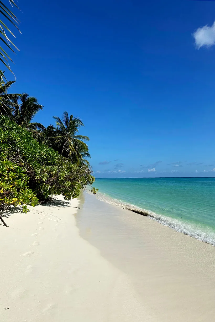 Quiet white sand beach and turquoise lagoon on Thoddoo, Maldives