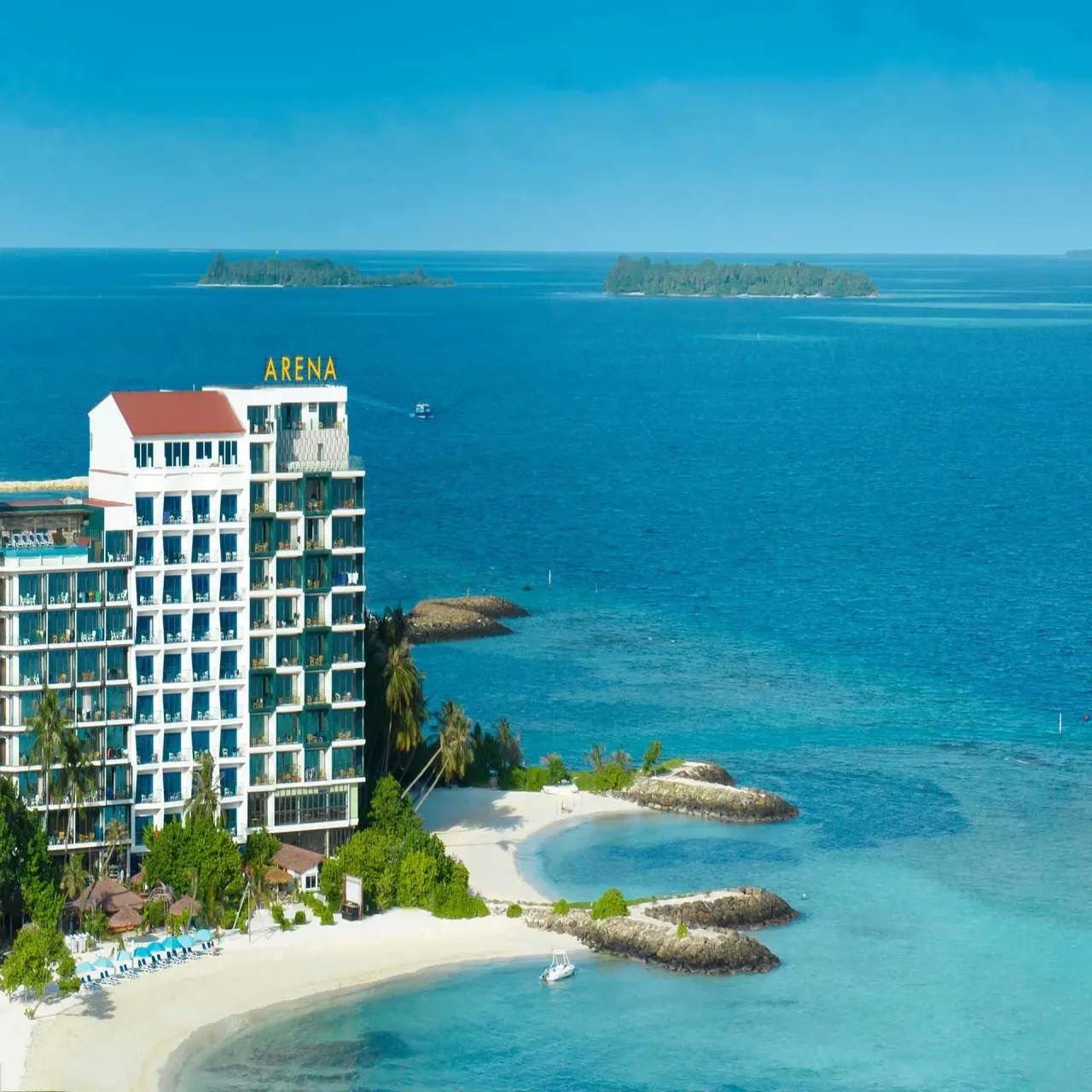 Aerial view of Arena Beach Hotel on Maafushi, Maldives