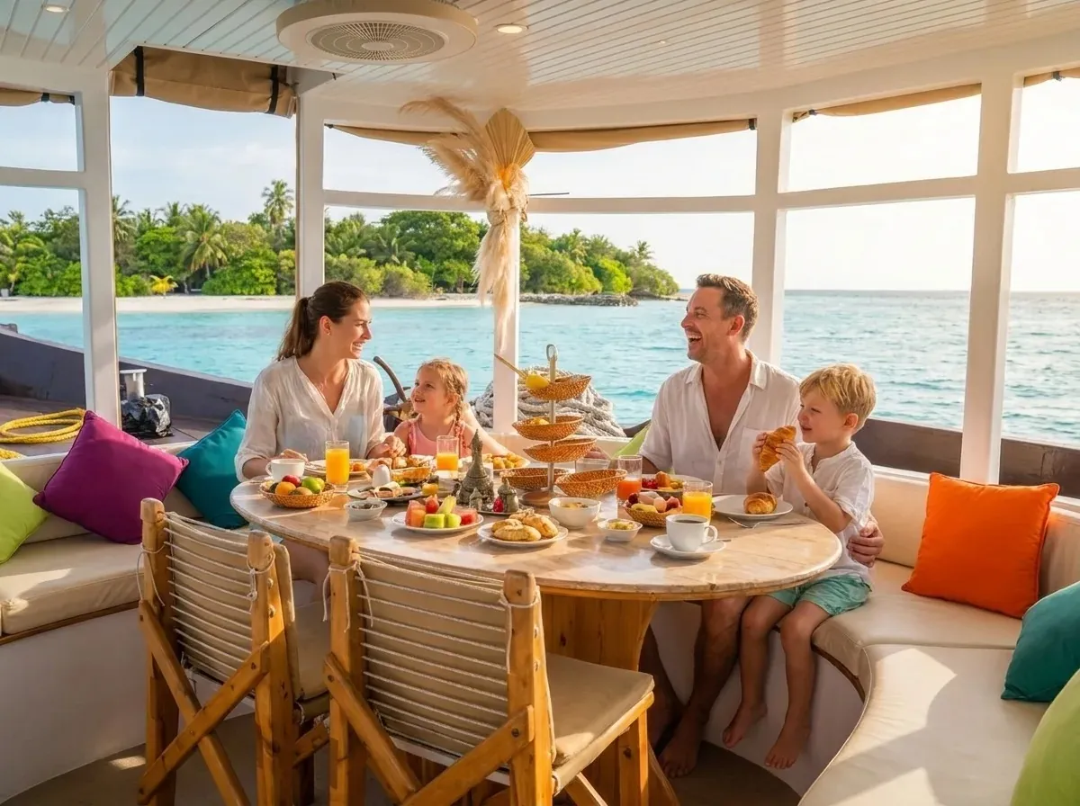 Family breakfast on the deck of the Atoll Villa yacht