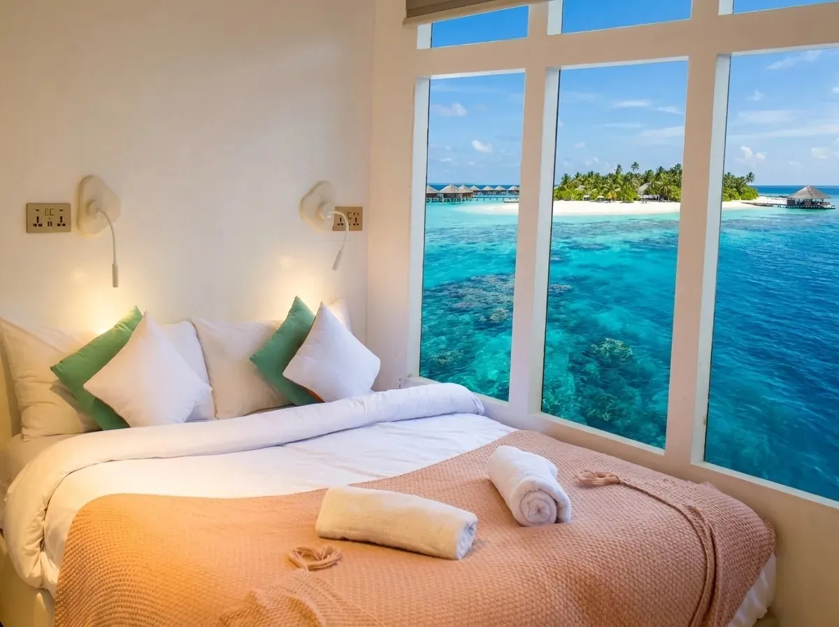 Main deck ocean view room on the Atoll Villa yacht