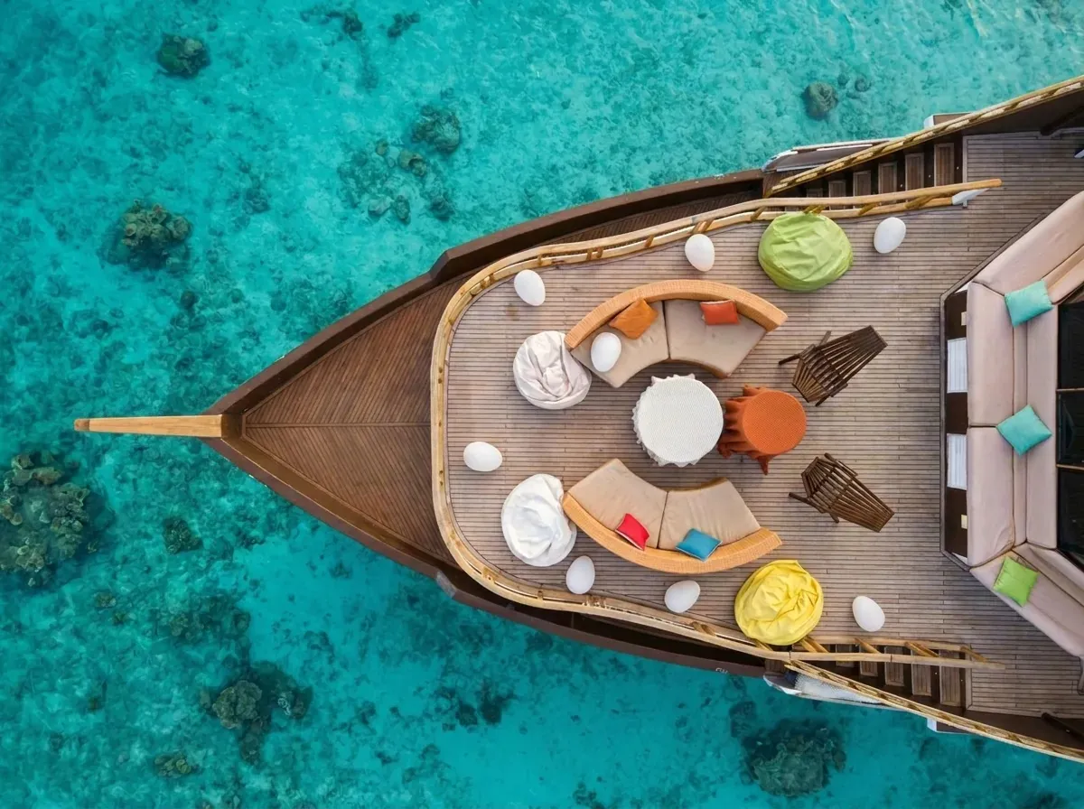 Aerial view of the bow deck of the Atoll Villa private charter yacht