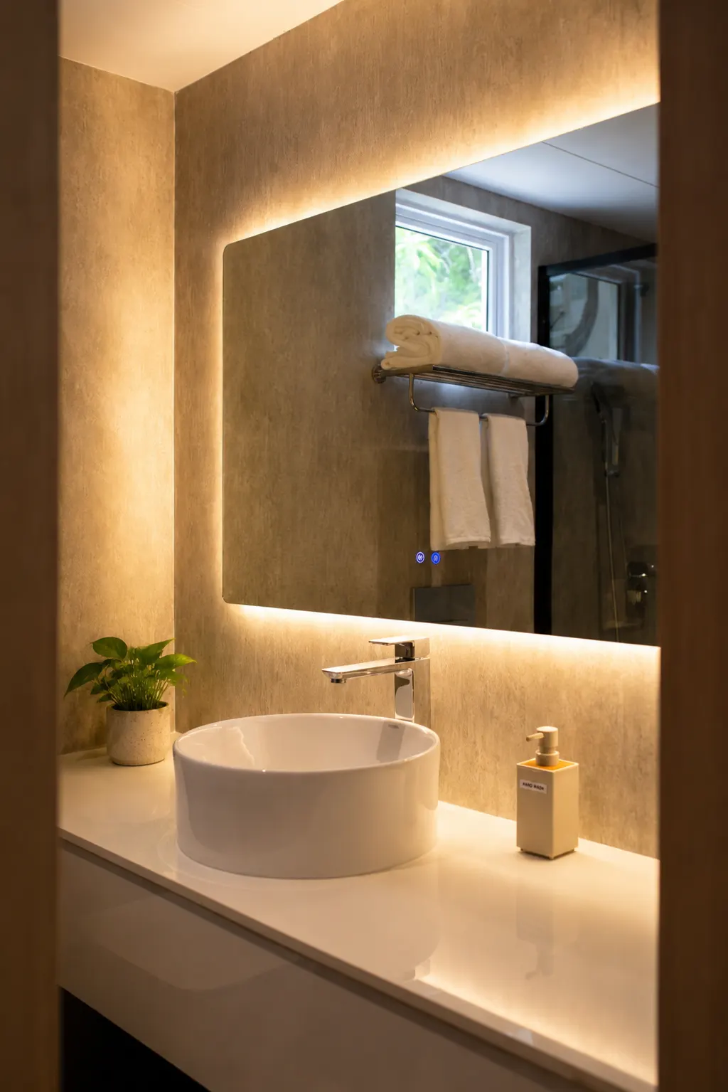 Bathroom vanity with illuminated mirror at Cozy Nest Fuvahmulah