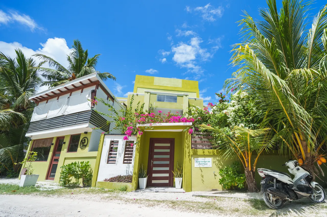 Front of Cozy Roots, a lime-green guesthouse on Fuvahmulah, Maldives