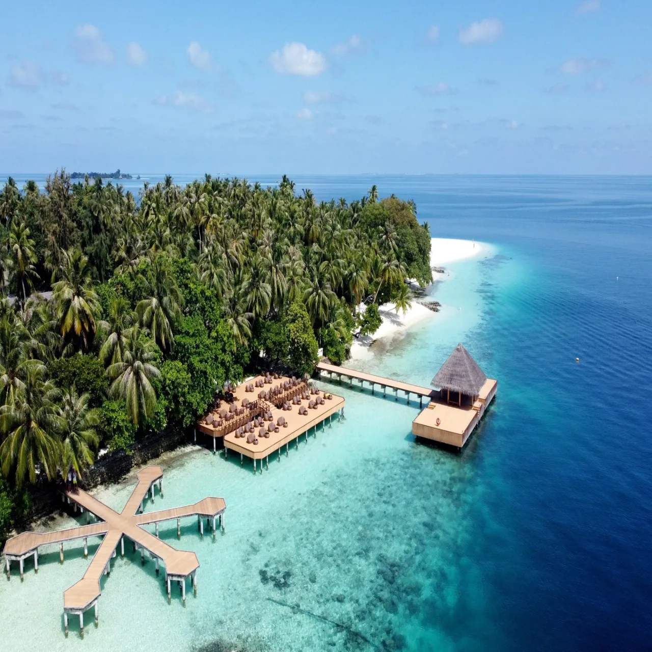 Aerial view of Fihalhohi Island Resort on Fihalhohi, Maldives