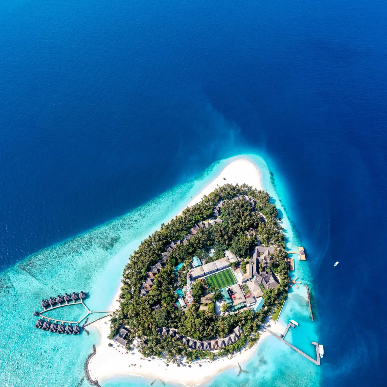 Aerial view of Fihalhohi Island Resort on Fihalhohi, Maldives