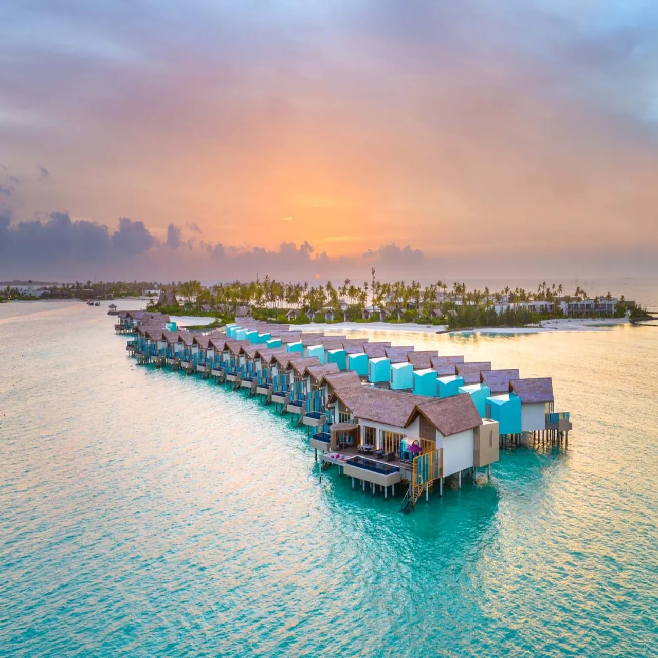 Aerial view of Hard Rock Hotel Maldives on Emboodhoo Lagoon, Maldives