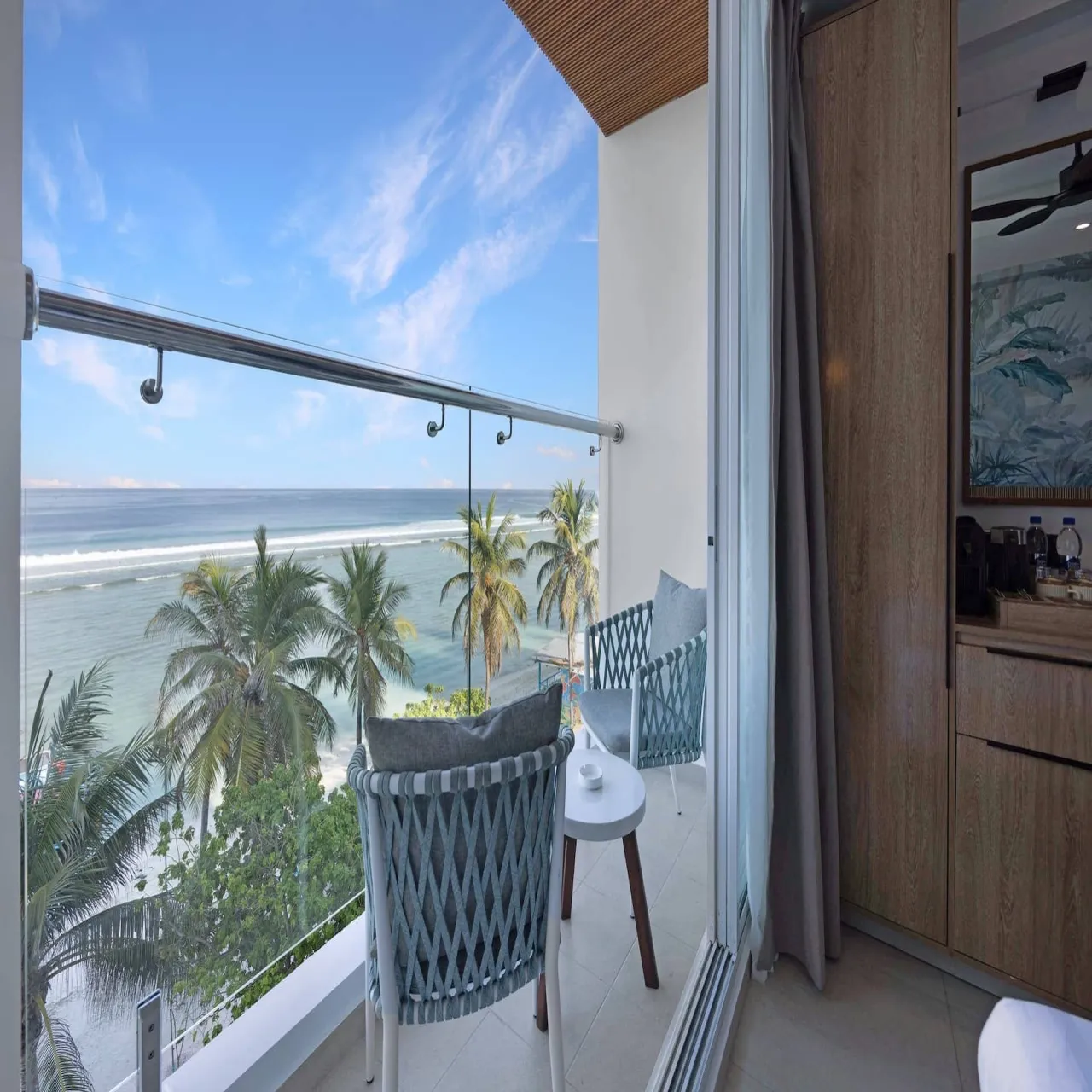 Ocean-view balcony terrace at Hotel Amber Seaside on Hulhumalé, Maldives