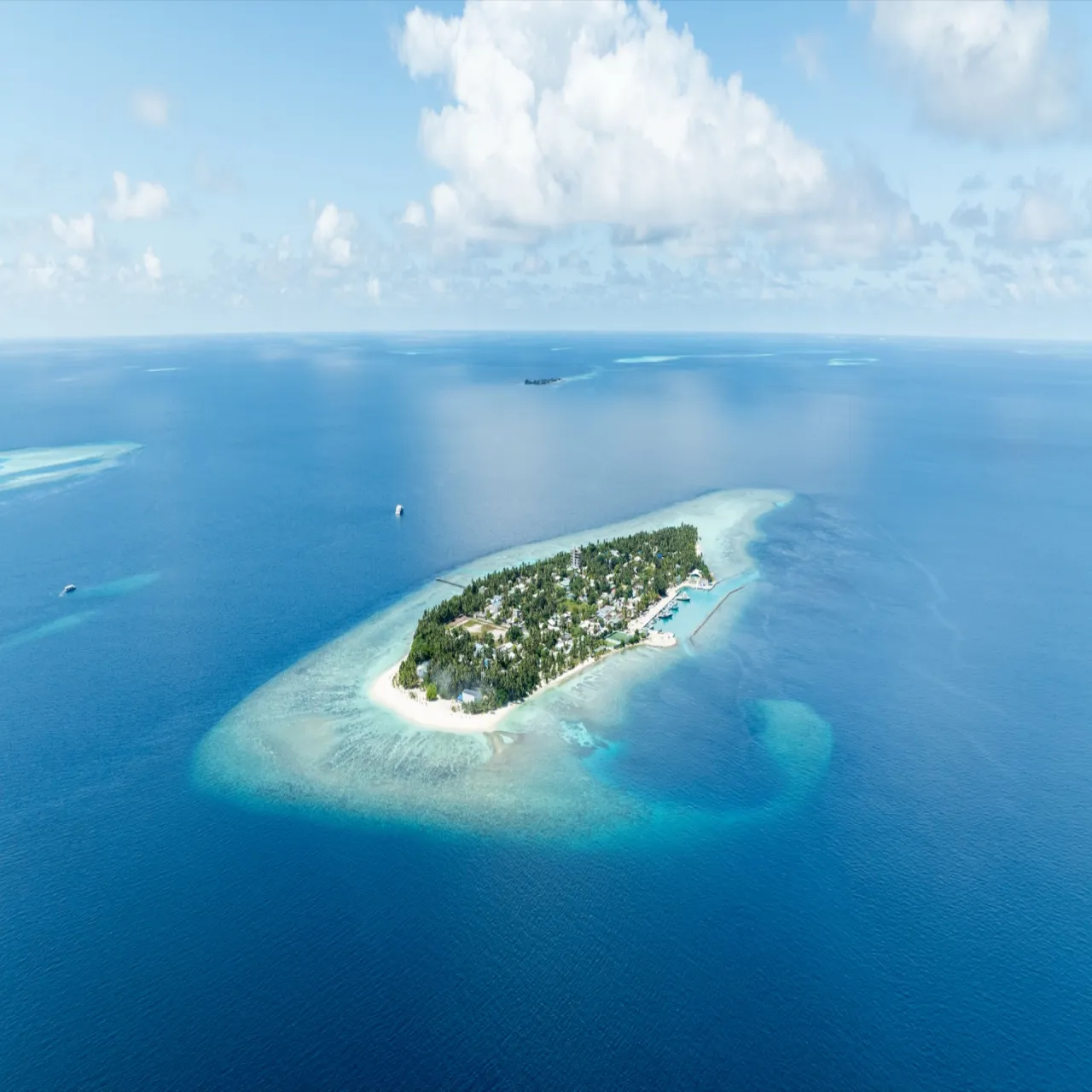 Aerial view of Kirulhiya Maldives Hotel on Omadhoo, Maldives