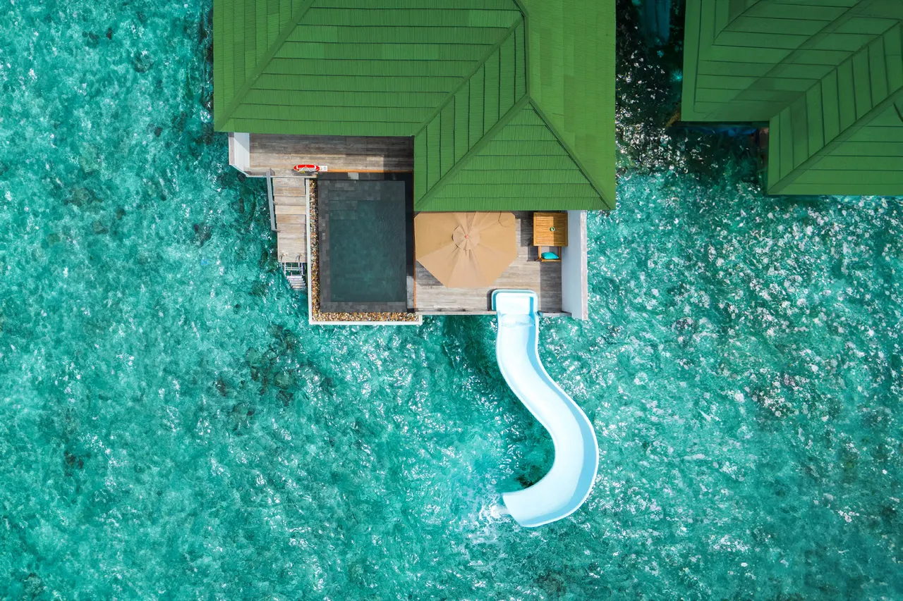 Lagoon villa pool aerial at Siyam World, Maldives