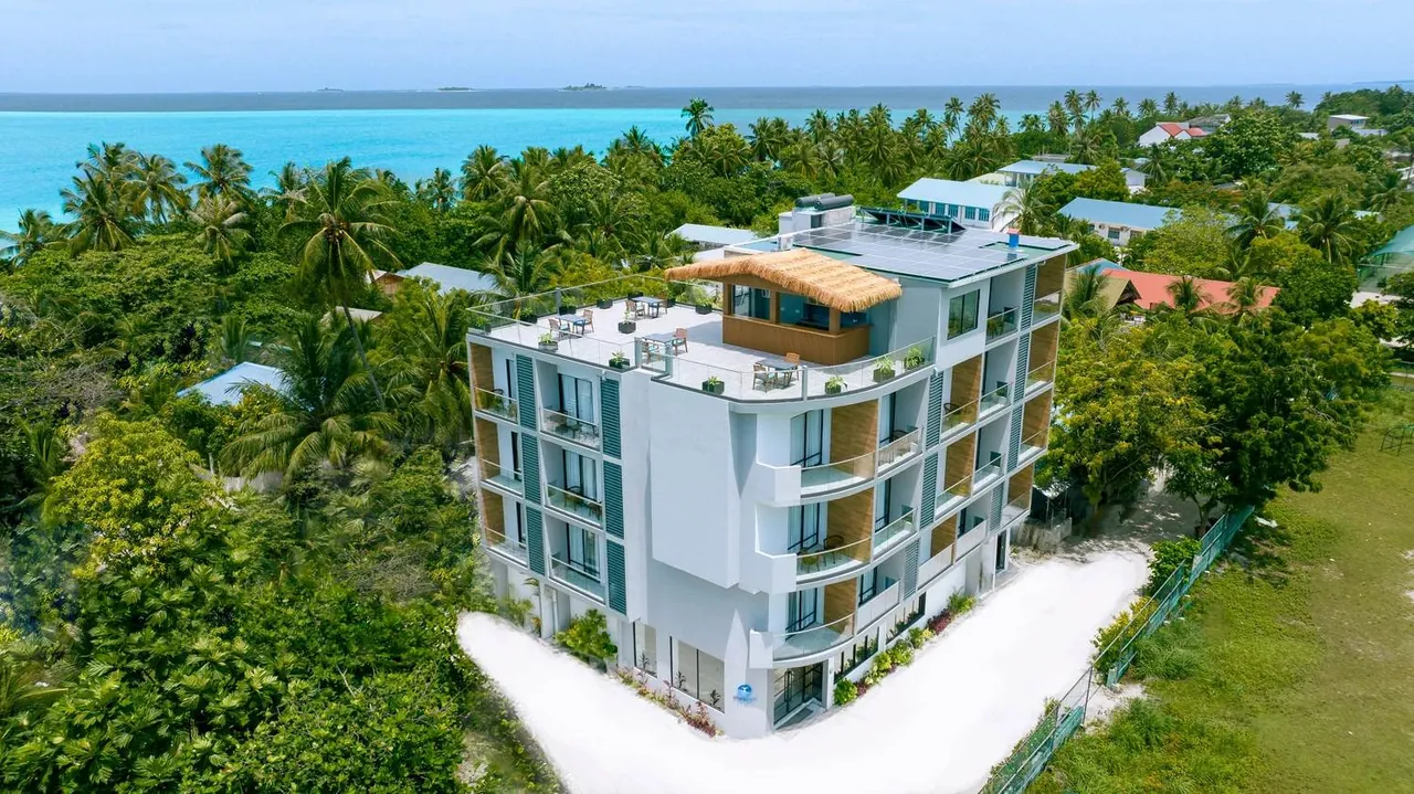 Aerial view of Whaleshark Beach guest house on Dhigurah, South Ari Atoll