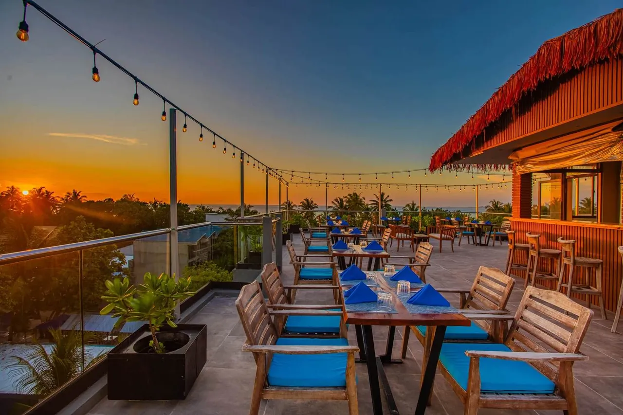 Rooftop restaurant at sunset at Whaleshark Beach, Dhigurah