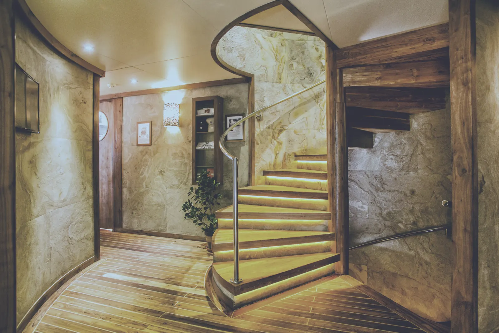 Interior spiral staircase aboard Scubaspa