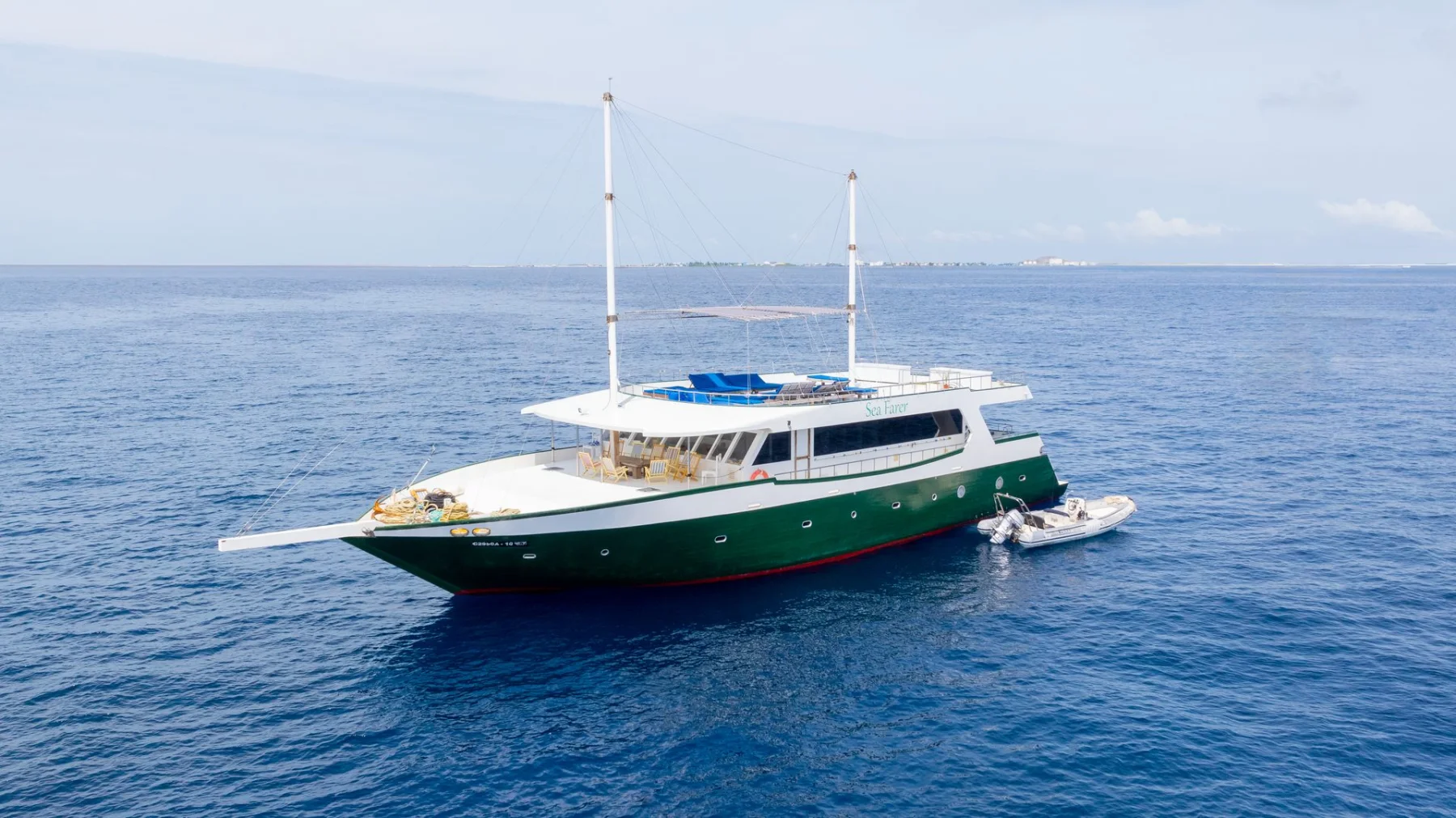 Aerial view over Sea Farer and its top deck in the Maldives